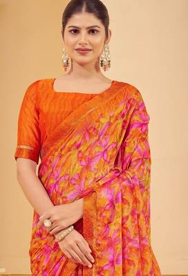 Orange digital floral print chiffon banarsi border saree with unstitch blouse 2
