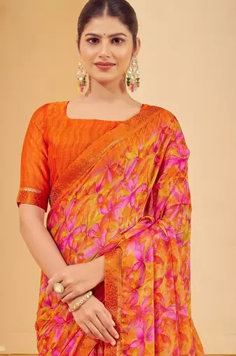 Orange digital floral print chiffon banarsi border saree with unstitch blouse