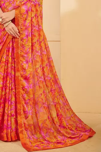 Orange digital floral print chiffon banarsi border saree with unstitch blouse