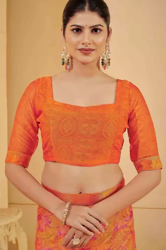 Orange digital floral print chiffon banarsi border saree with unstitch blouse