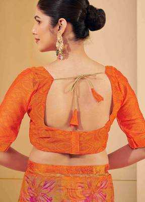 Orange digital floral print chiffon banarsi border saree with unstitch blouse 5