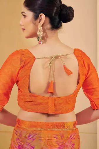 Orange digital floral print chiffon banarsi border saree with unstitch blouse