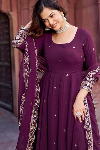 Dark Plum Color Faux Georgette Embroidered And Sequence Work Long Kurti(Gown)
