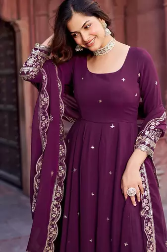 Dark Plum Color Faux Georgette Embroidered And Sequence Work Long Kurti(Gown)