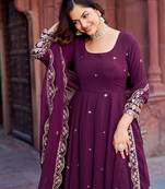 Dark Plum Color Faux Georgette Embroidered And Sequence Work Long Kurti(Gown)