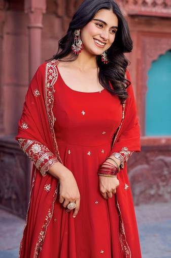 Red Color Faux Georgette Embroidered And Sequence Work Long Kurti(Gown)