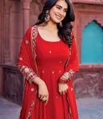Red Color Faux Georgette Embroidered And Sequence Work Long Kurti(Gown)