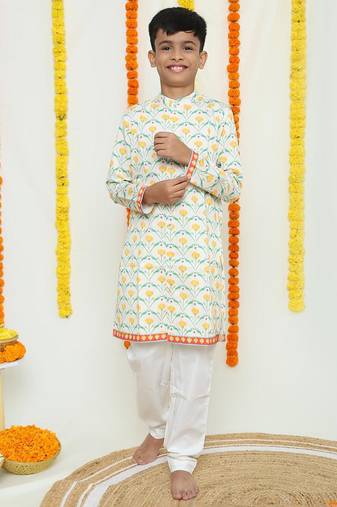 Ivory white with yellow marigold and green parrot printed /organic cotton /kurta and pyjama set