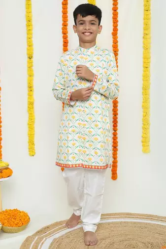 Ivory white with yellow marigold and green parrot printed /organic cotton /kurta and pyjama set