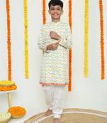 Ivory white with yellow marigold and green parrot printed /organic cotton /kurta and pyjama set