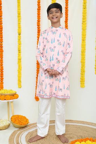 Pastel pink and blue kurta with monkey and elephant printed/organic organic cotton/kurta and pyjama set