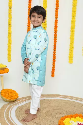 Blue assymeteric kurta with peacock print/organic cotton/ assyemetric kurta and pyjama
