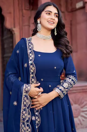 Navy Blue Color Faux Georgette Embroidered And Sequence Work Long Kurti(Gown)