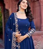 Navy Blue Color Faux Georgette Embroidered And Sequence Work Long Kurti(Gown)