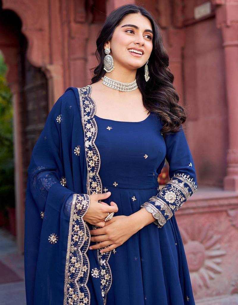 Navy Blue Color Faux Georgette Embroidered And Sequence Work Long Kurti(Gown)