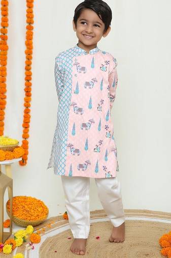 Pastel blue assymeteric kurta withmonkey and elephant print/ assyemetric kurta and pyjama/organic cotton