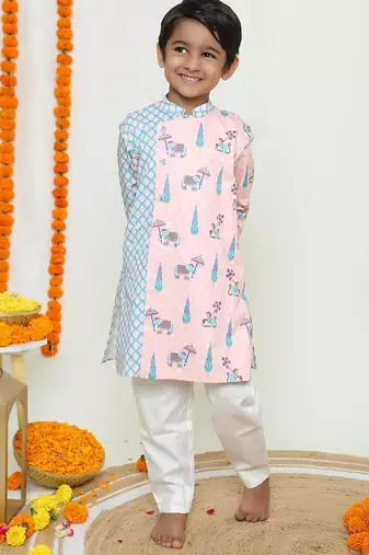 Pastel blue assymeteric kurta withmonkey and elephant print/ assyemetric kurta and pyjama/organic cotton