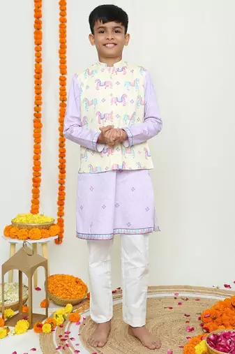 Purple and butter yellow carasouel printed/bandi , kurta, pyajama set/organic cotton