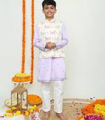 Purple and butter yellow carasouel printed/bandi , kurta, pyajama set/organic cotton