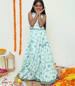 Mint green with peacock print lehenga with halter neck blouse organic cotton