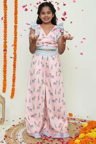 Pink palazzo and crop top /organic cotton with lace detailing and handmade latkans