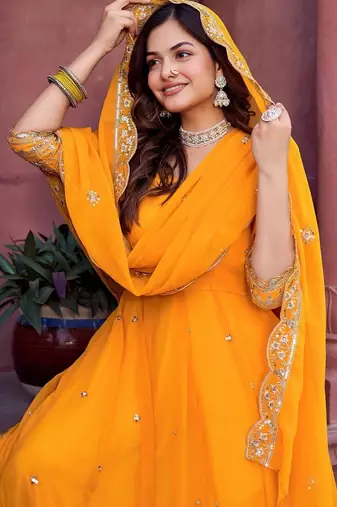 Yellow Color Faux Georgette Embroidered And Sequence Work Long Kurti(Gown)