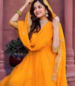 Yellow Color Faux Georgette Embroidered And Sequence Work Long Kurti(Gown)