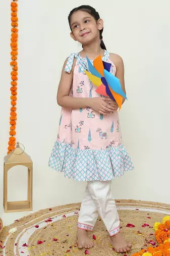 Pink dual ruffle dress with tie bow detailing /organic cotton