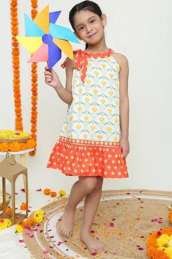 Yellow and orange dual ruffle dress with tie bow detailing /organic cotton