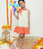 Yellow and orange dual ruffle dress with tie bow detailing /organic cotton