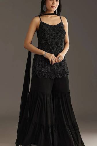Black embroidered georgette semi-stitched palazzo style salwar suit