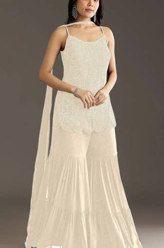White embroidered georgette semi-stitched palazzo style salwar suit