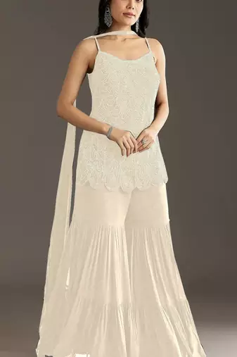White embroidered georgette semi-stitched palazzo style salwar suit