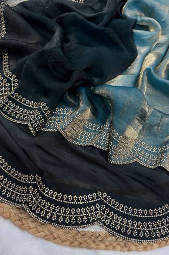 Blue Two Shaded Diamond zarkhan Work Silk blend Saree 