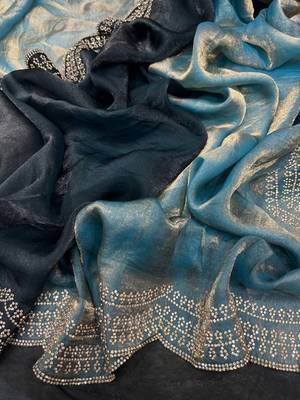 Blue Two Shaded Diamond zarkhan Work Silk blend Saree  2