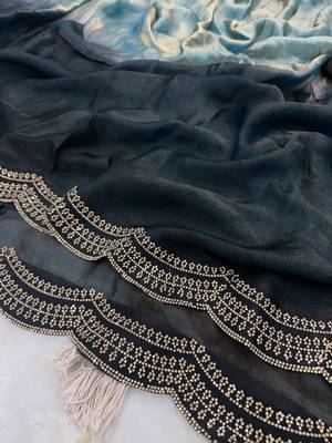Blue Two Shaded Diamond zarkhan Work Silk blend Saree  4