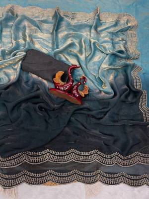 Blue Two Shaded Diamond zarkhan Work Silk blend Saree  5