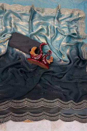 Blue Two Shaded Diamond zarkhan Work Silk blend Saree 