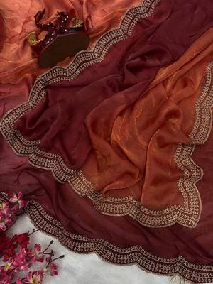 Orange Two Shaded Diamond zarkhan Work Silk blend Saree  4