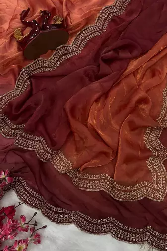 Orange Two Shaded Diamond zarkhan Work Silk blend Saree 