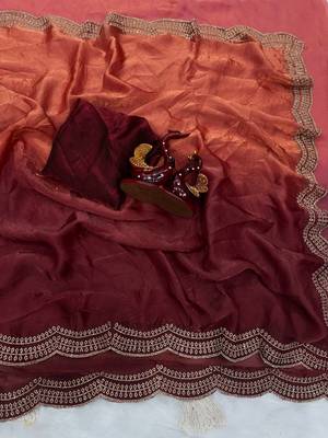 Orange Two Shaded Diamond zarkhan Work Silk blend Saree  1