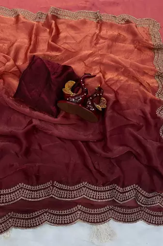 Orange Two Shaded Diamond zarkhan Work Silk blend Saree 