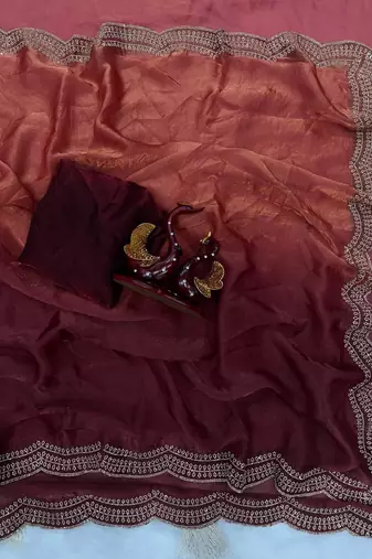 Orange Two Shaded Diamond zarkhan Work Silk blend Saree 