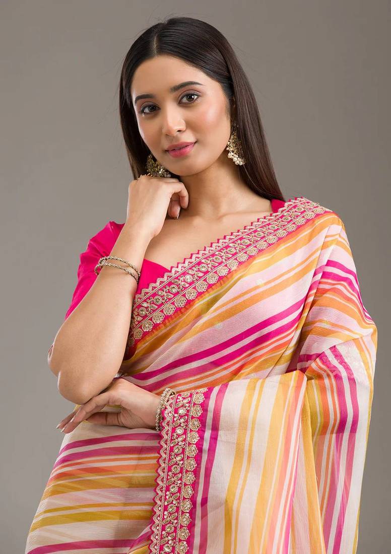 Multicolor Leheriya Printed Embroidered Border Tabby Silk blend Saree