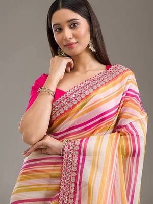 Multicolor Leheriya Printed Embroidered Border Tabby Silk blend Saree 2