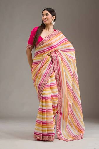 Multicolor Leheriya Printed Embroidered Border Tabby Silk blend Saree