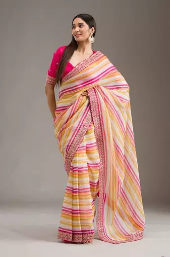 Multicolor Leheriya Printed Embroidered Border Tabby Silk blend Saree