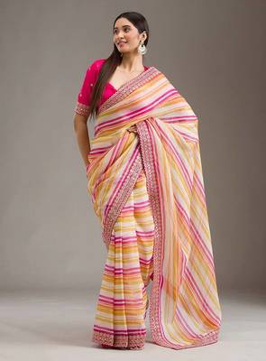 Multicolor Leheriya Printed Embroidered Border Tabby Silk blend Saree 1