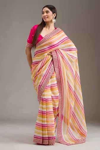 Multicolor Leheriya Printed Embroidered Border Tabby Silk blend Saree