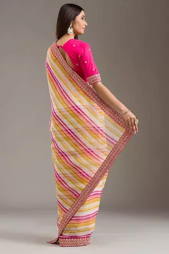 Multicolor Leheriya Printed Embroidered Border Tabby Silk blend Saree